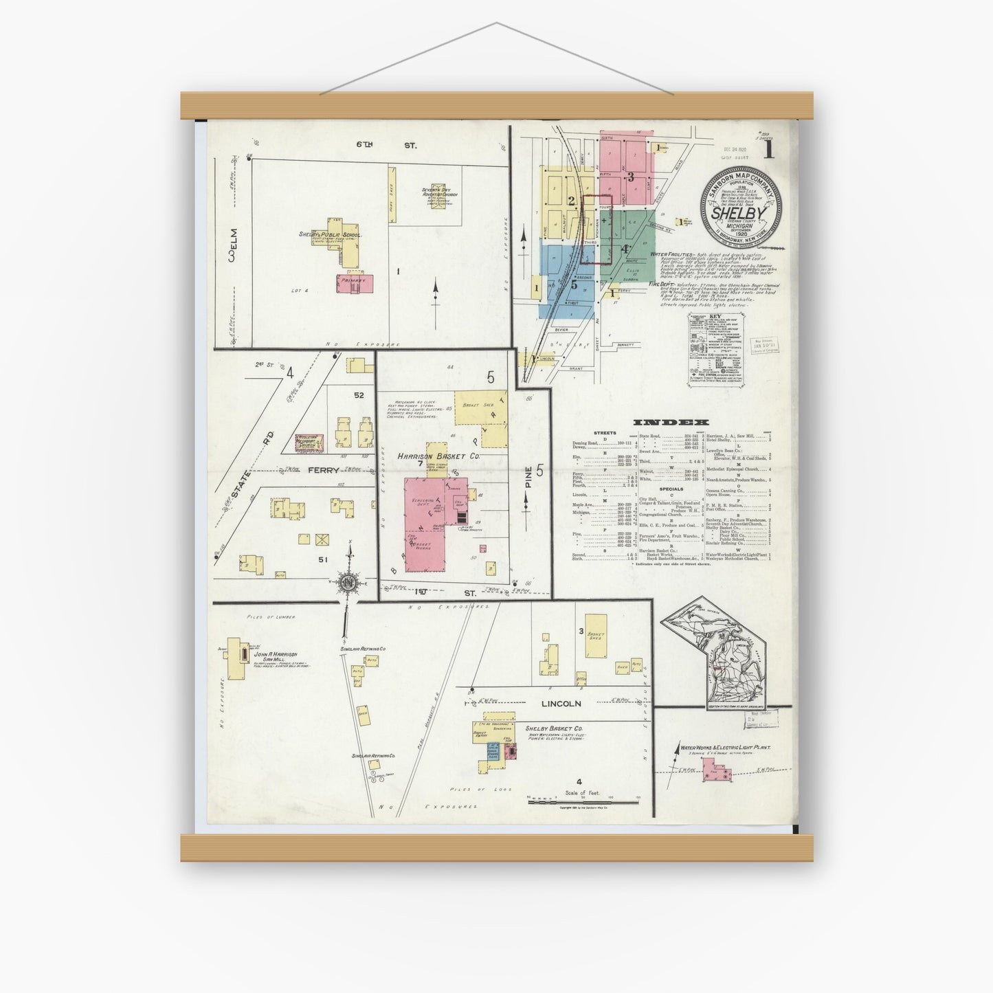 Old map wall art mockup — magnetic wood frame on white wall — Sanborn Fire Insurance Map from Shelby, Oceana County, Michigan (1920), Sheet #0001