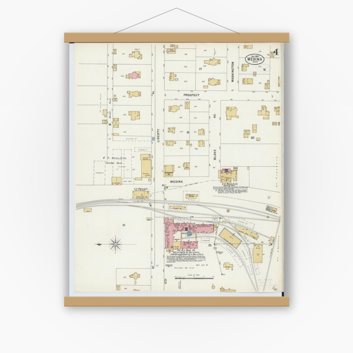 Old map wall art mockup — magnetic wood frame on white wall — Sanborn Fire Insurance Map from Medina, Medina County, Ohio (1897), Sheet #0004