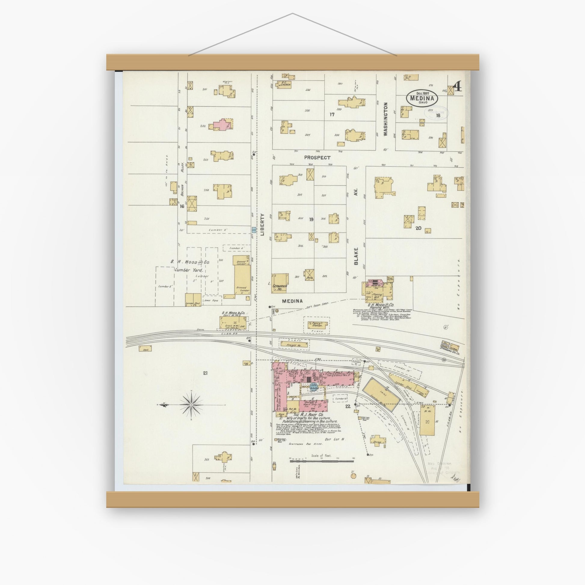 Old map wall art mockup — magnetic wood frame on white wall — Sanborn Fire Insurance Map from Medina, Medina County, Ohio (1897), Sheet #0004