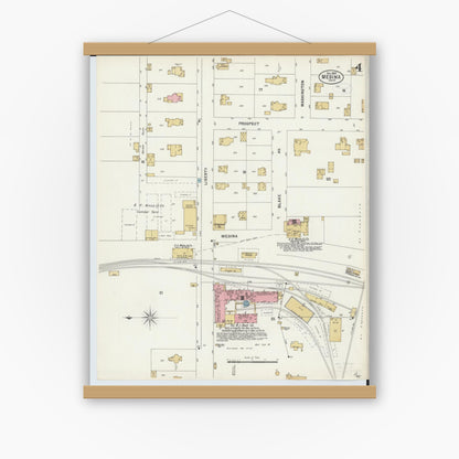 Old map wall art mockup — magnetic wood frame on white wall — Sanborn Fire Insurance Map from Medina, Medina County, Ohio (1897), Sheet #0004