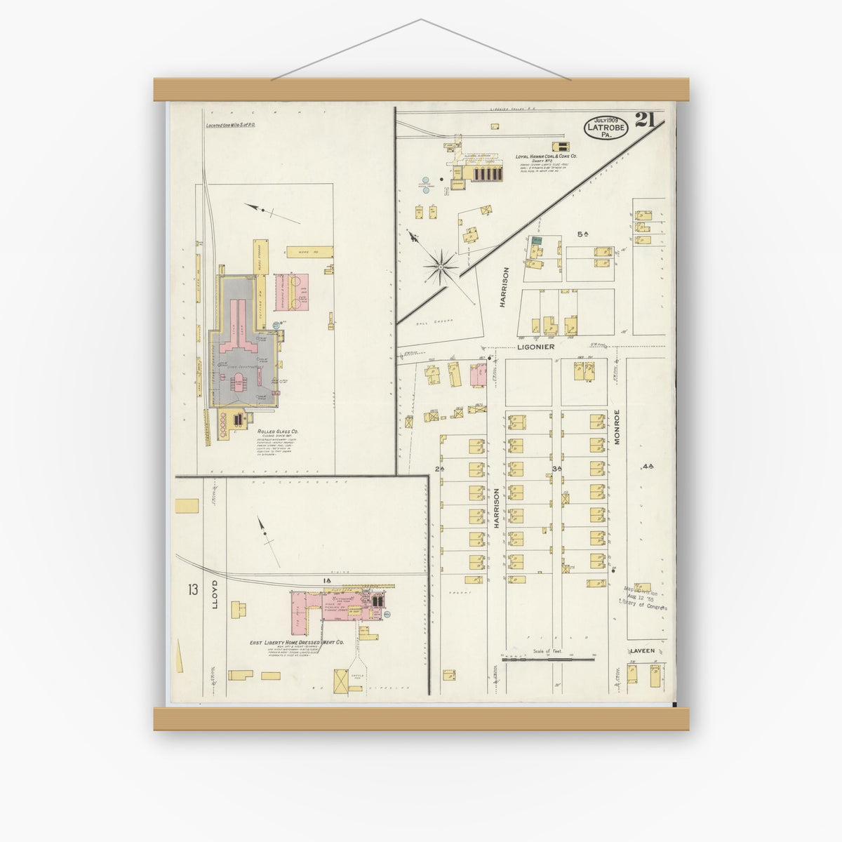 Old map wall art mockup — magnetic wood frame on white wall — Sanborn Fire Insurance Map from Latrobe, Westmoreland County, Pennsylvania (1909), Sheet #0021