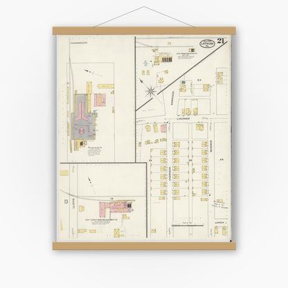 Old map wall art mockup — magnetic wood frame on white wall — Sanborn Fire Insurance Map from Latrobe, Westmoreland County, Pennsylvania (1909), Sheet #0021