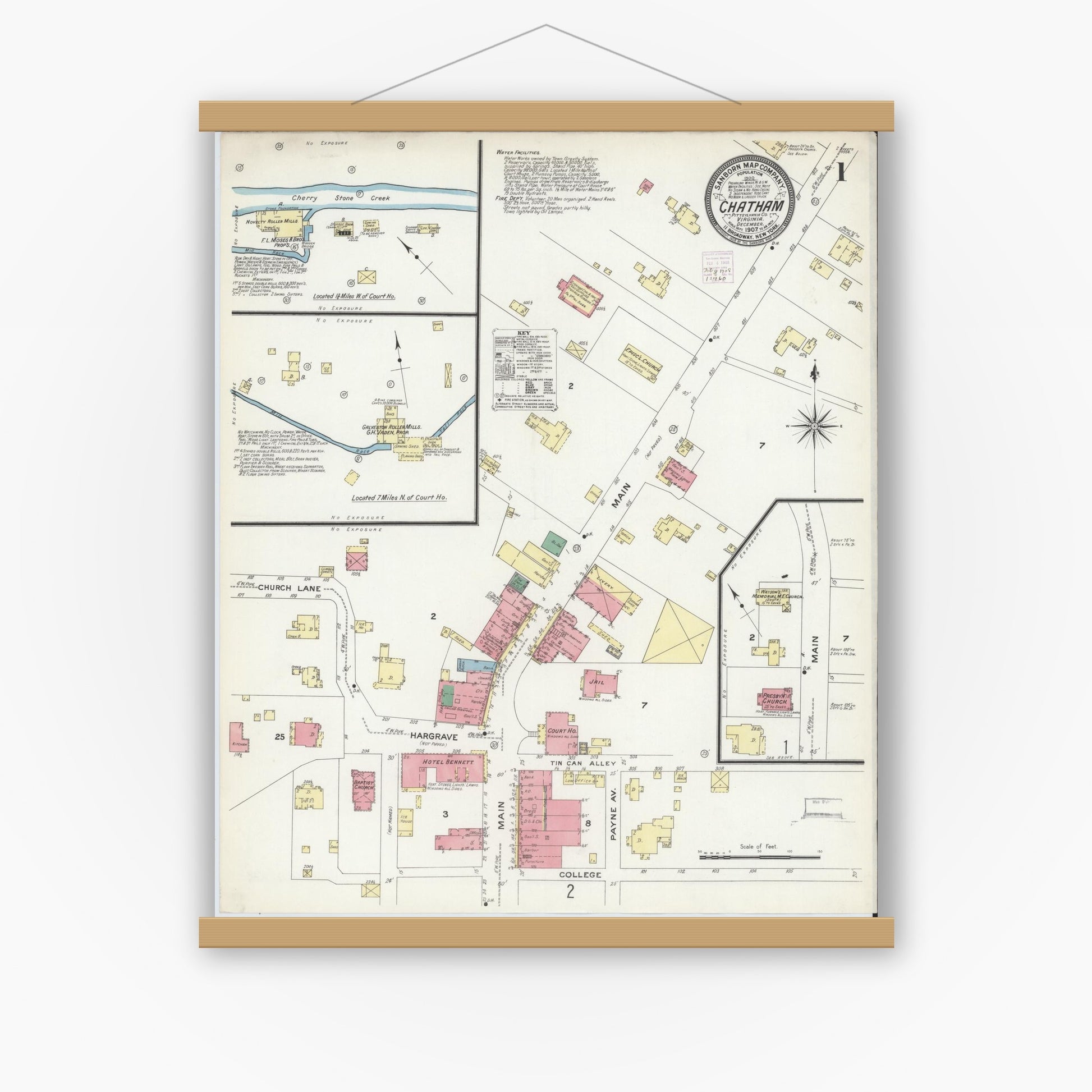 Old map wall art mockup — magnetic wood frame on white wall — Sanborn Fire Insurance Map from Chatham, Pittsylvania County, Virginia (1907), Sheet #0001