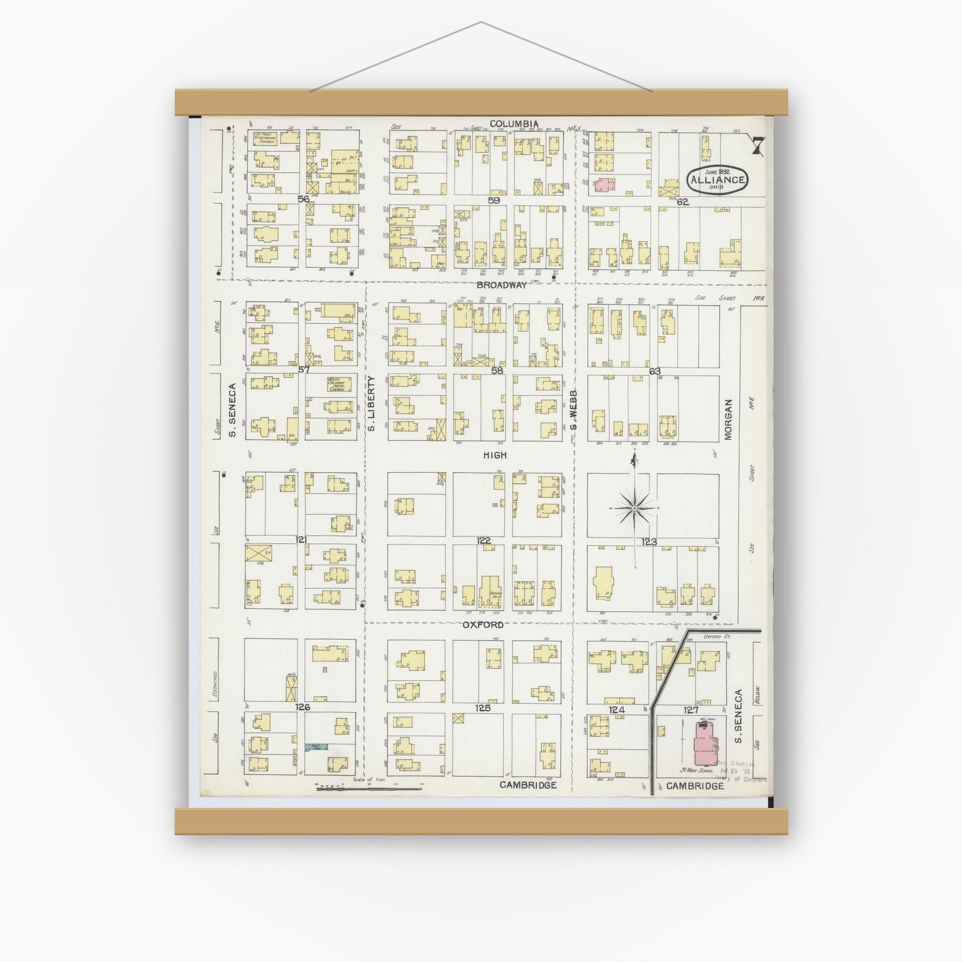 Old map wall art mockup — magnetic wood frame on white wall — Sanborn Fire Insurance Map from Alliance, Stark County, Ohio (1892), Sheet #0007