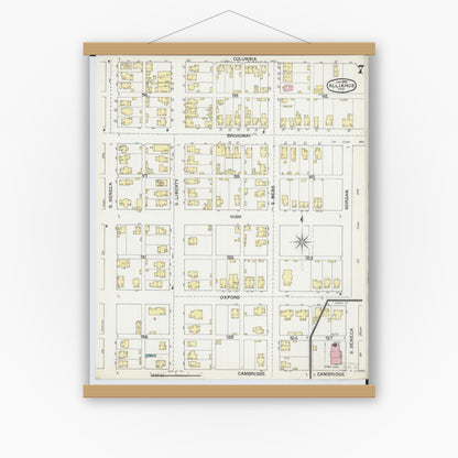 Old map wall art mockup — magnetic wood frame on white wall — Sanborn Fire Insurance Map from Alliance, Stark County, Ohio (1892), Sheet #0007