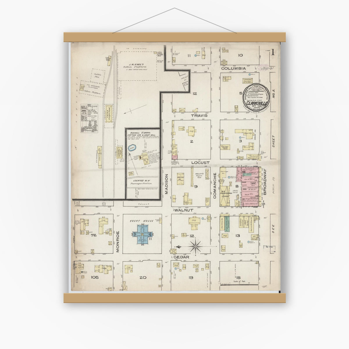 Old map wall art mockup — magnetic wood frame on white wall — Sanborn Fire Insurance Map from Clarksville, Red River County, Texas (1885) - Complete Map Set