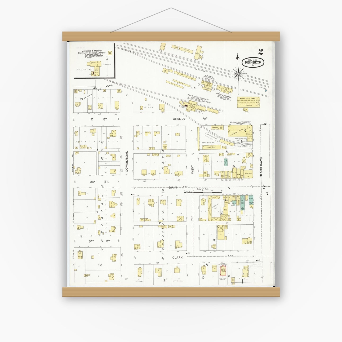 Old map wall art mockup — magnetic wood frame on white wall — Sanborn Fire Insurance Map from Reinbeck, Grundy County, Iowa (1900), Sheet #0002