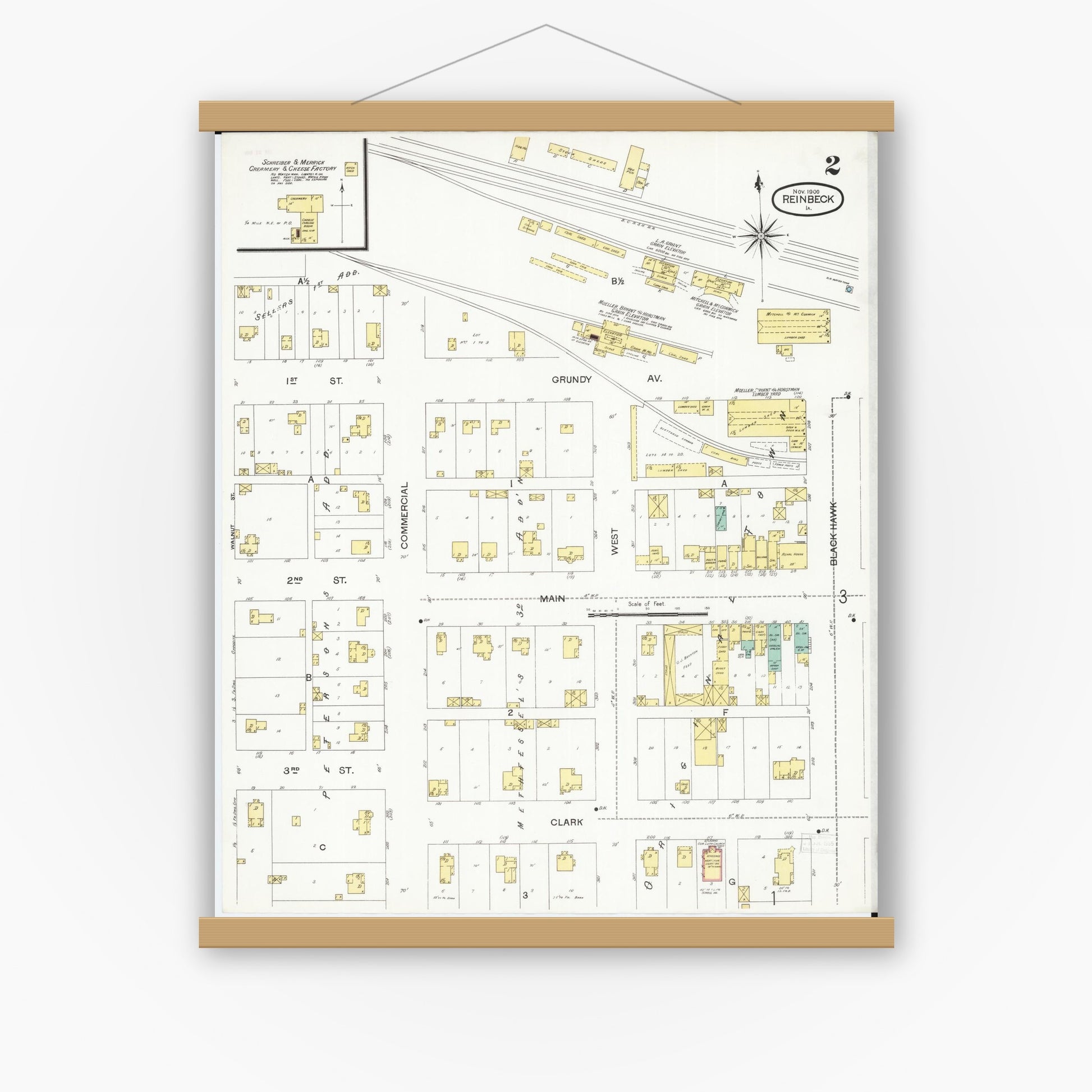 Old map wall art mockup — magnetic wood frame on white wall — Sanborn Fire Insurance Map from Reinbeck, Grundy County, Iowa (1900), Sheet #0002