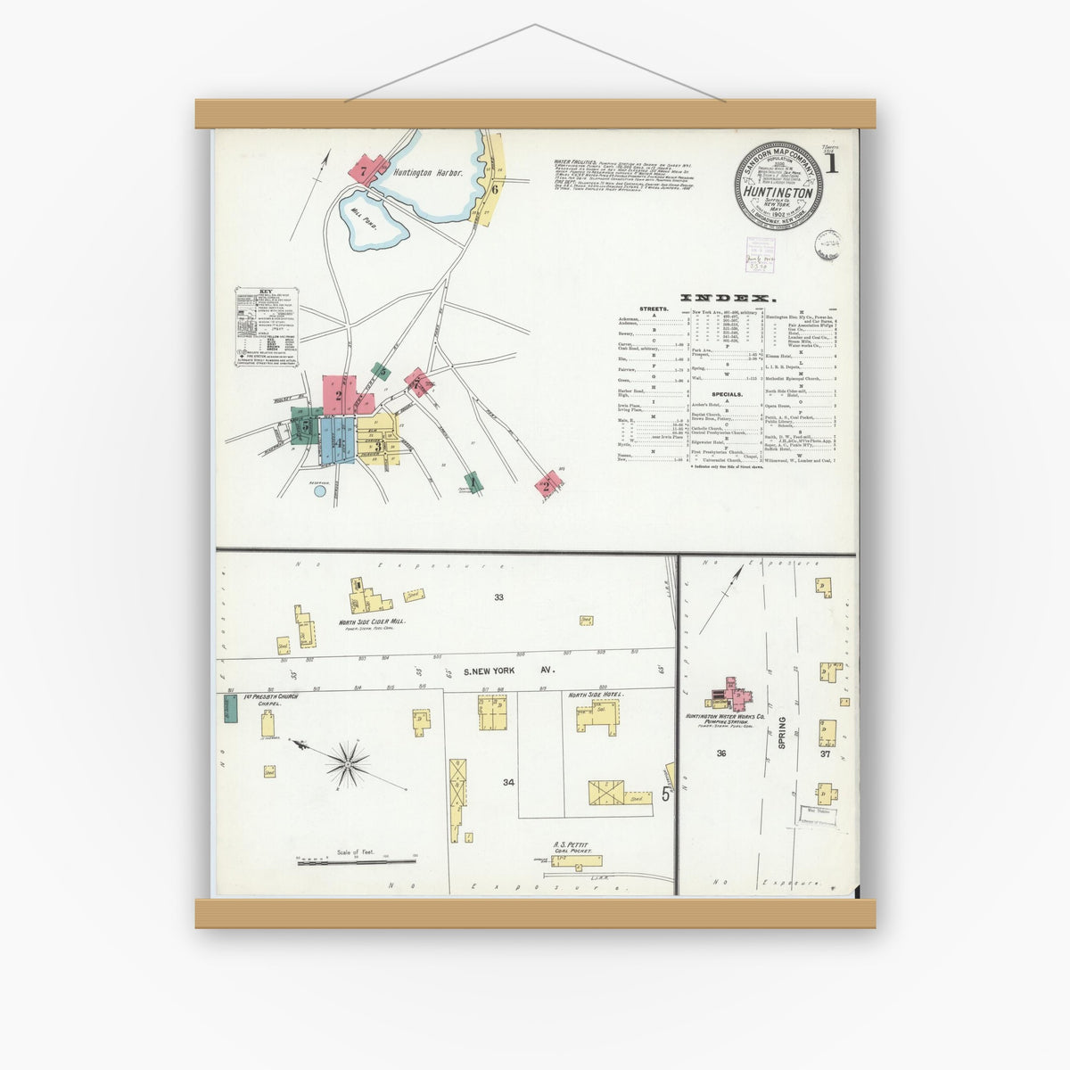 Old map wall art mockup — magnetic wood frame on white wall — Sanborn Fire Insurance Map from Huntington, Suffolk County, New York (1902) - Complete Map Set