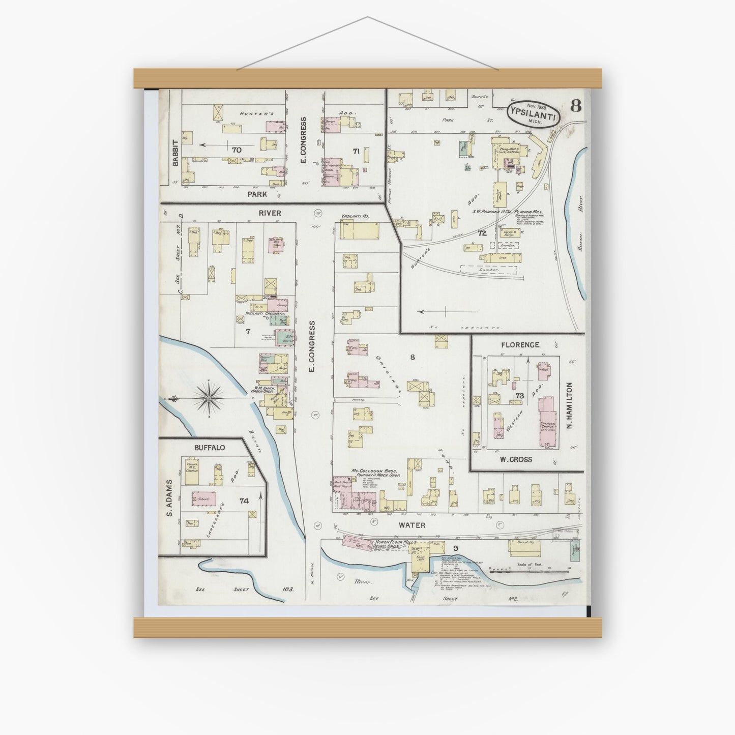 Old map wall art mockup — magnetic wood frame on white wall — Sanborn Fire Insurance Map from Ypsilanti, Washtenaw County, Michigan (1888), Sheet #0008