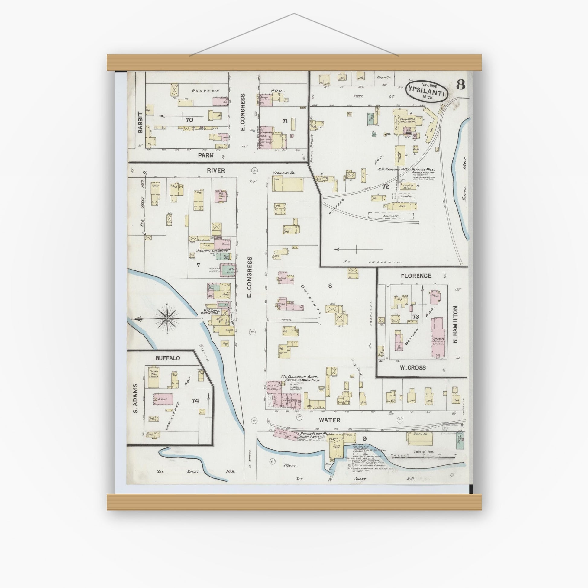 Old map wall art mockup — magnetic wood frame on white wall — Sanborn Fire Insurance Map from Ypsilanti, Washtenaw County, Michigan (1888), Sheet #0008