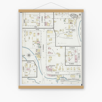Old map wall art mockup — magnetic wood frame on white wall — Sanborn Fire Insurance Map from Ypsilanti, Washtenaw County, Michigan (1888), Sheet #0008