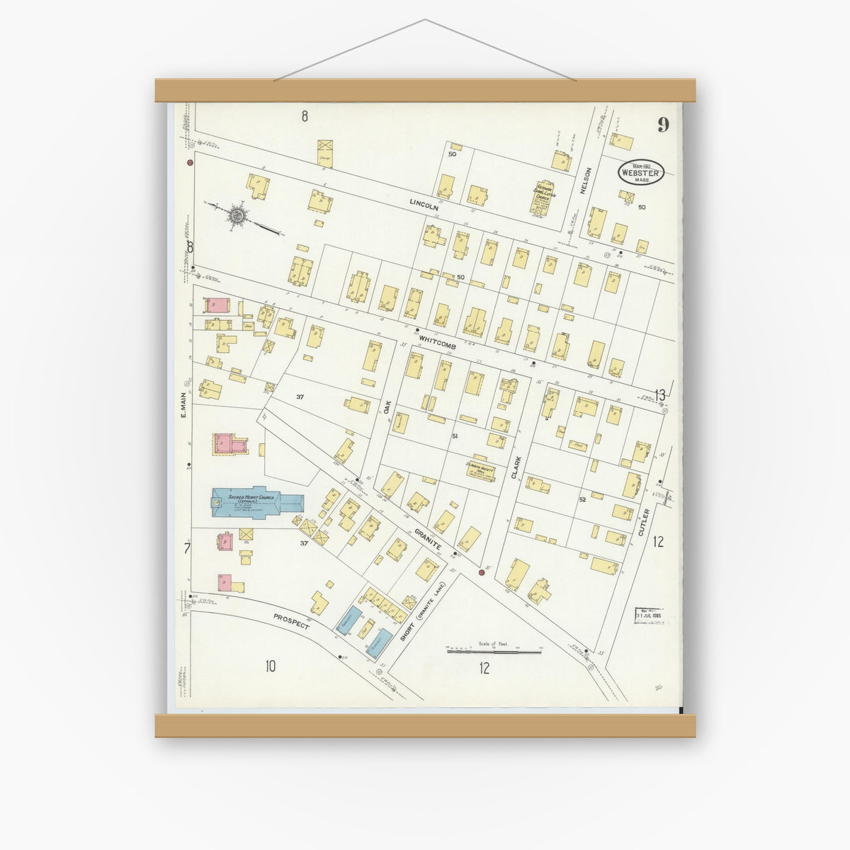 Old map wall art mockup — magnetic wood frame on white wall — Sanborn Fire Insurance Map from Webster, Worcester County, Massachusetts (1911), Sheet #0009