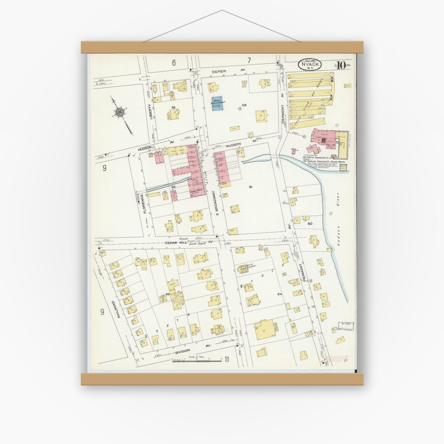 Old map wall art mockup — magnetic wood frame on white wall — Sanborn Fire Insurance Map from Nyack, Rockland County, New York. (1910), Sheet #0010