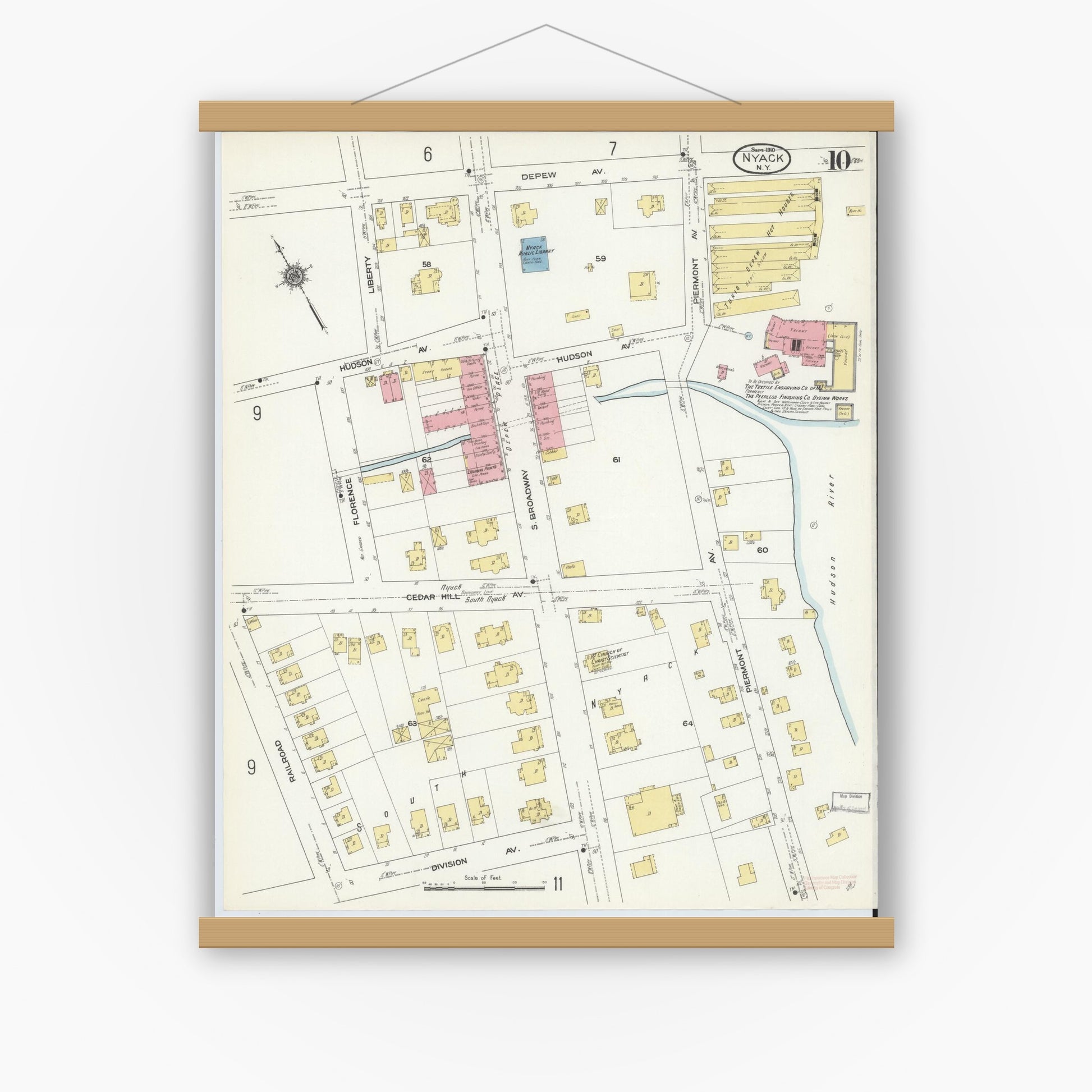 Old map wall art mockup — magnetic wood frame on white wall — Sanborn Fire Insurance Map from Nyack, Rockland County, New York. (1910), Sheet #0010