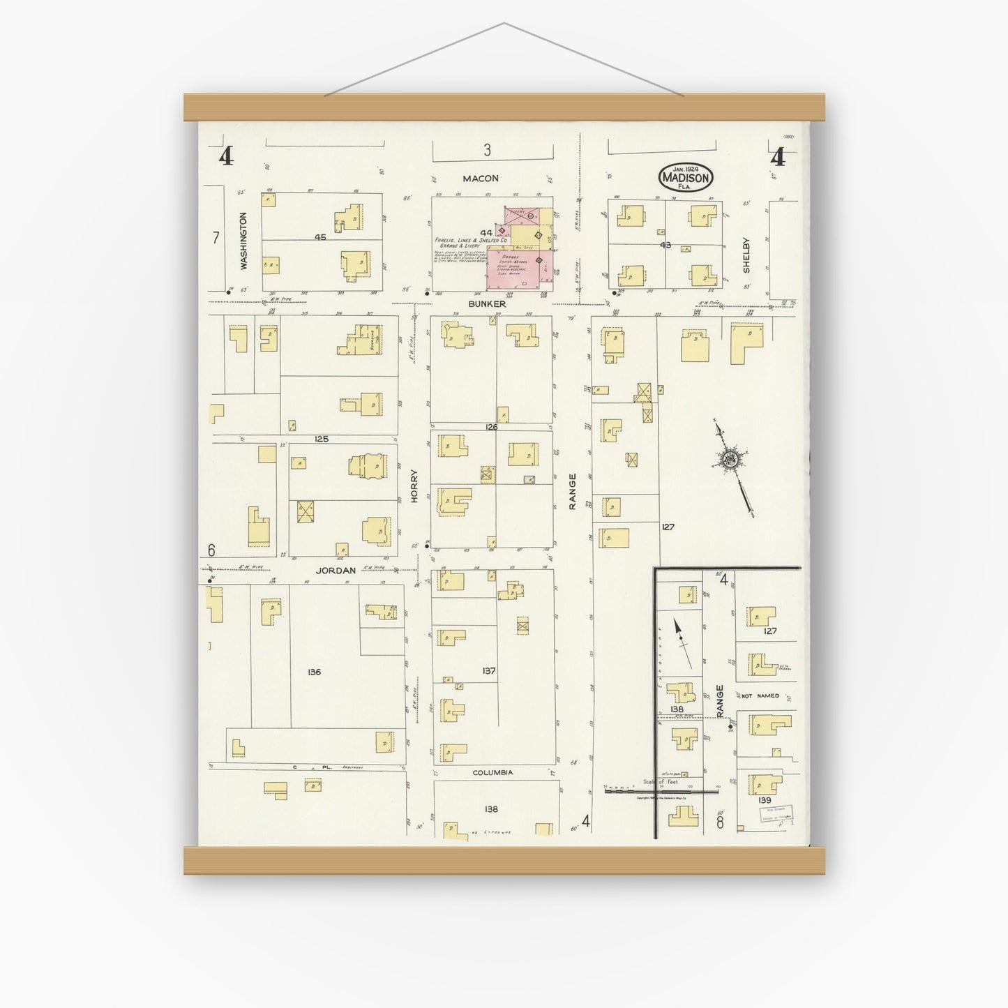 Old map wall art mockup — magnetic wood frame on white wall — Sanborn Fire Insurance Map from Madison, Madison County, Florida (1924), Sheet #0004