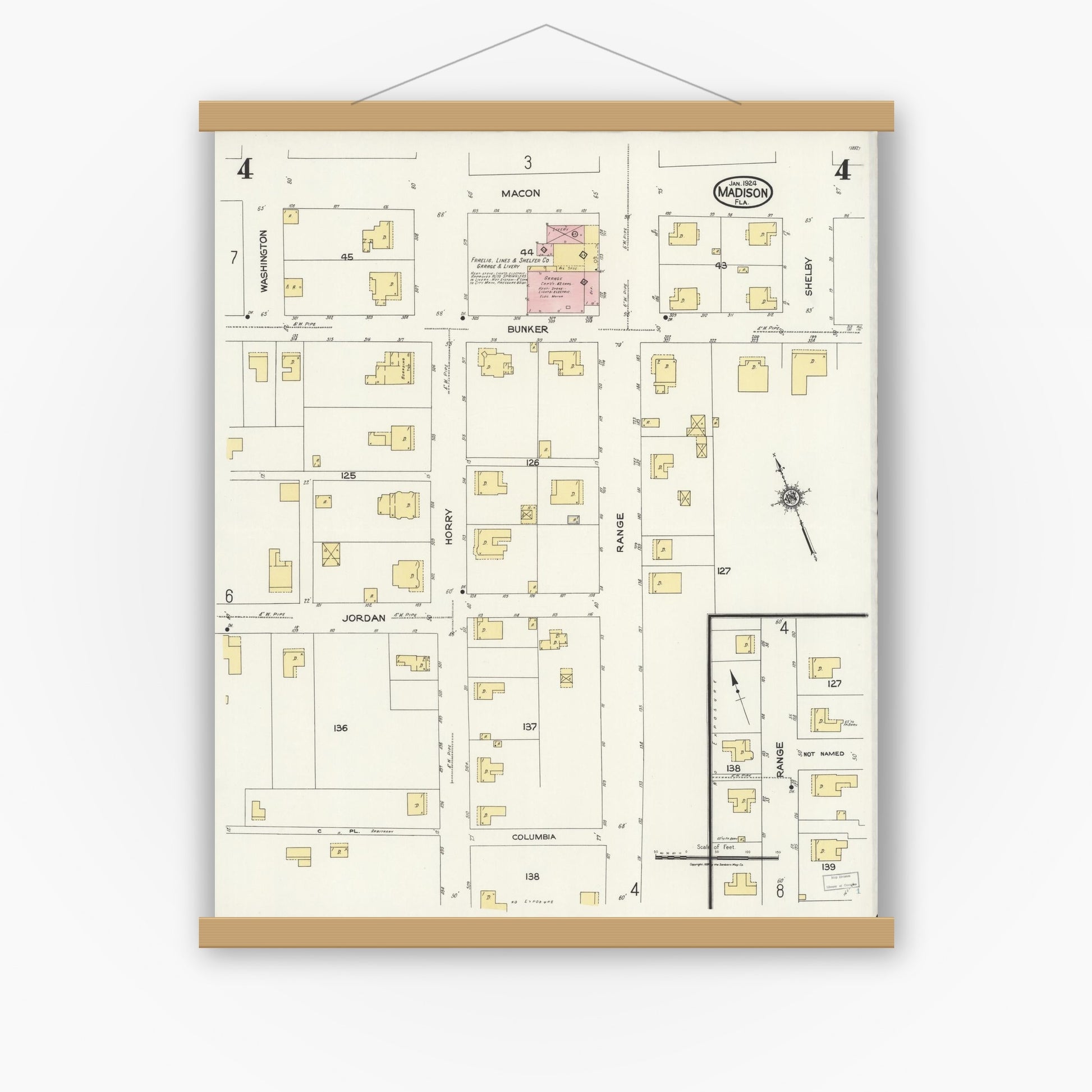 Old map wall art mockup — magnetic wood frame on white wall — Sanborn Fire Insurance Map from Madison, Madison County, Florida (1924), Sheet #0004