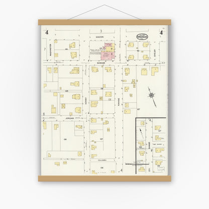 Old map wall art mockup — magnetic wood frame on white wall — Sanborn Fire Insurance Map from Madison, Madison County, Florida (1924), Sheet #0004