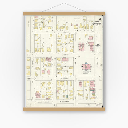 Old map wall art mockup — magnetic wood frame on white wall — Sanborn Fire Insurance Map from Washington, Daviess County, Indiana (1909), Sheet #0002