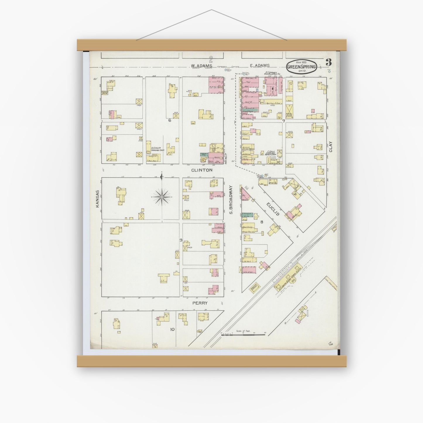 Old map wall art mockup — magnetic wood frame on white wall — Sanborn Fire Insurance Map from Green Springs, Sandusky And Seneca Counties, Ohio (1893), Sheet #0003
