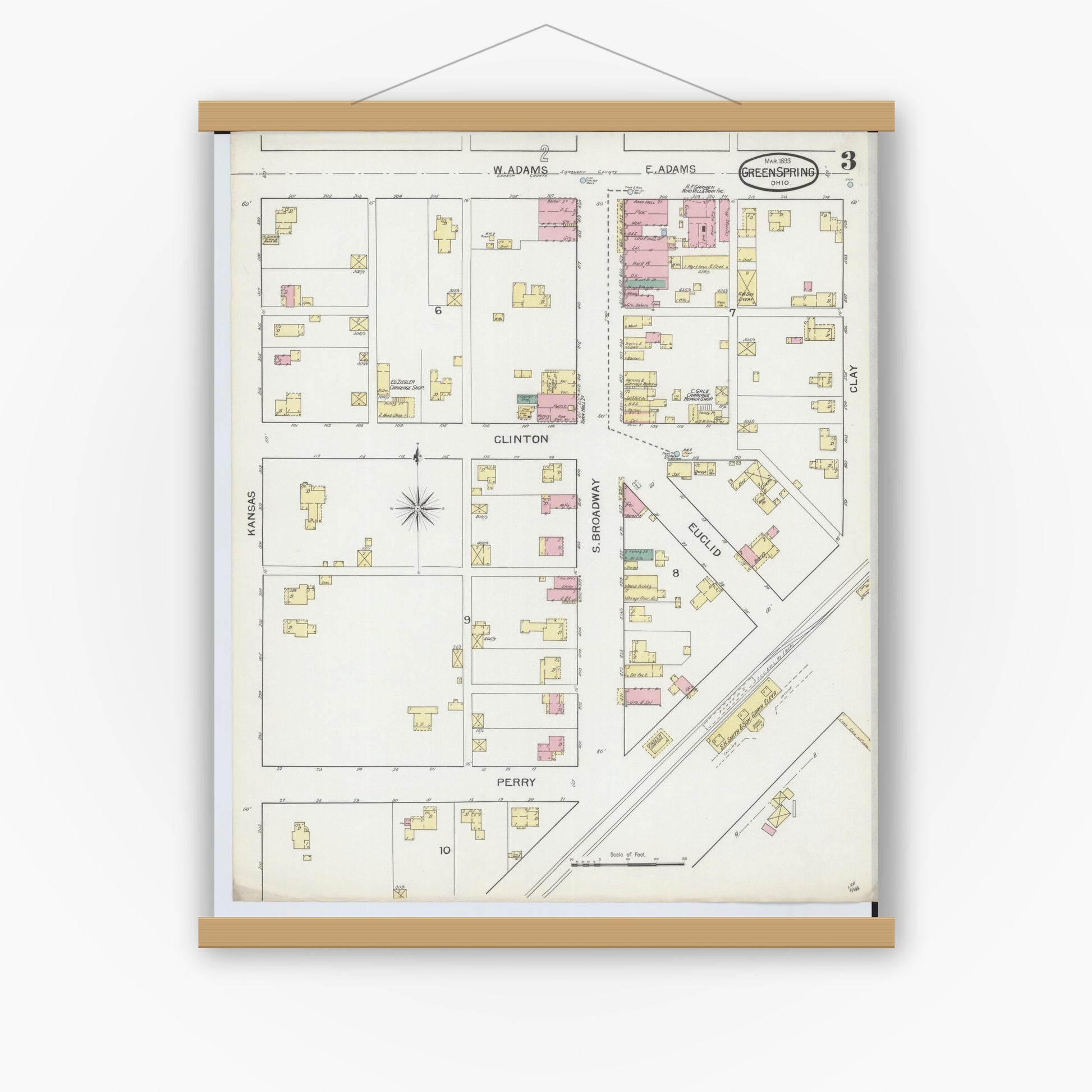 Old map wall art mockup — magnetic wood frame on white wall — Sanborn Fire Insurance Map from Green Springs, Sandusky And Seneca Counties, Ohio (1893), Sheet #0003