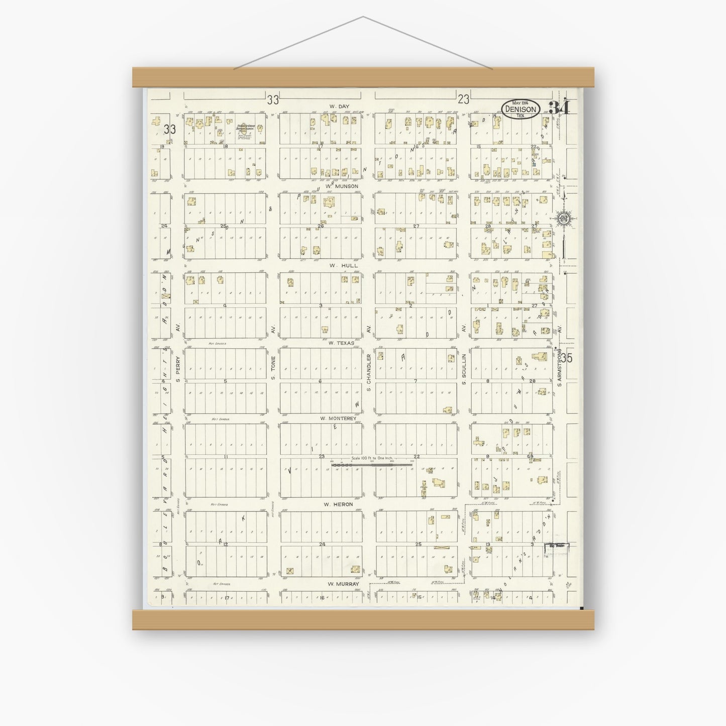 Old map wall art mockup — magnetic wood frame on white wall — Sanborn Fire Insurance Map from Denison, Grayson County, Texas (1914), Sheet #0034