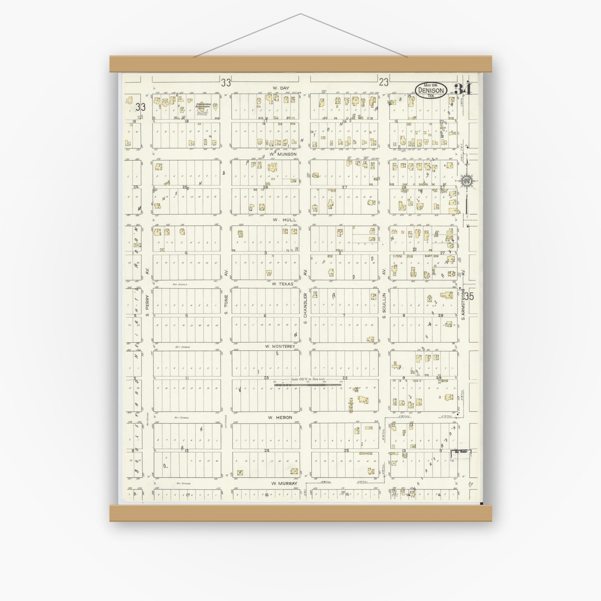 Old map wall art mockup — magnetic wood frame on white wall — Sanborn Fire Insurance Map from Denison, Grayson County, Texas (1914), Sheet #0034