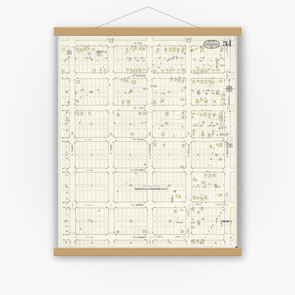 Old map wall art mockup — magnetic wood frame on white wall — Sanborn Fire Insurance Map from Denison, Grayson County, Texas (1914), Sheet #0034