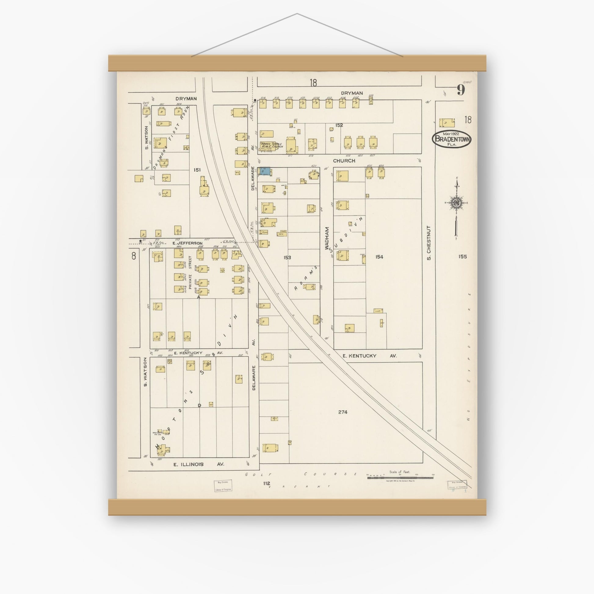 Old map wall art mockup — magnetic wood frame on white wall — Sanborn Fire Insurance Map from Bradentown, Manatee County, Florida (1922), Sheet #0009