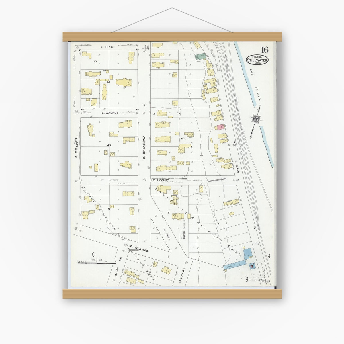 Old map wall art mockup — magnetic wood frame on white wall — Sanborn Fire Insurance Map from Stillwater, Washington County, Minnesota (1910), Sheet #0016