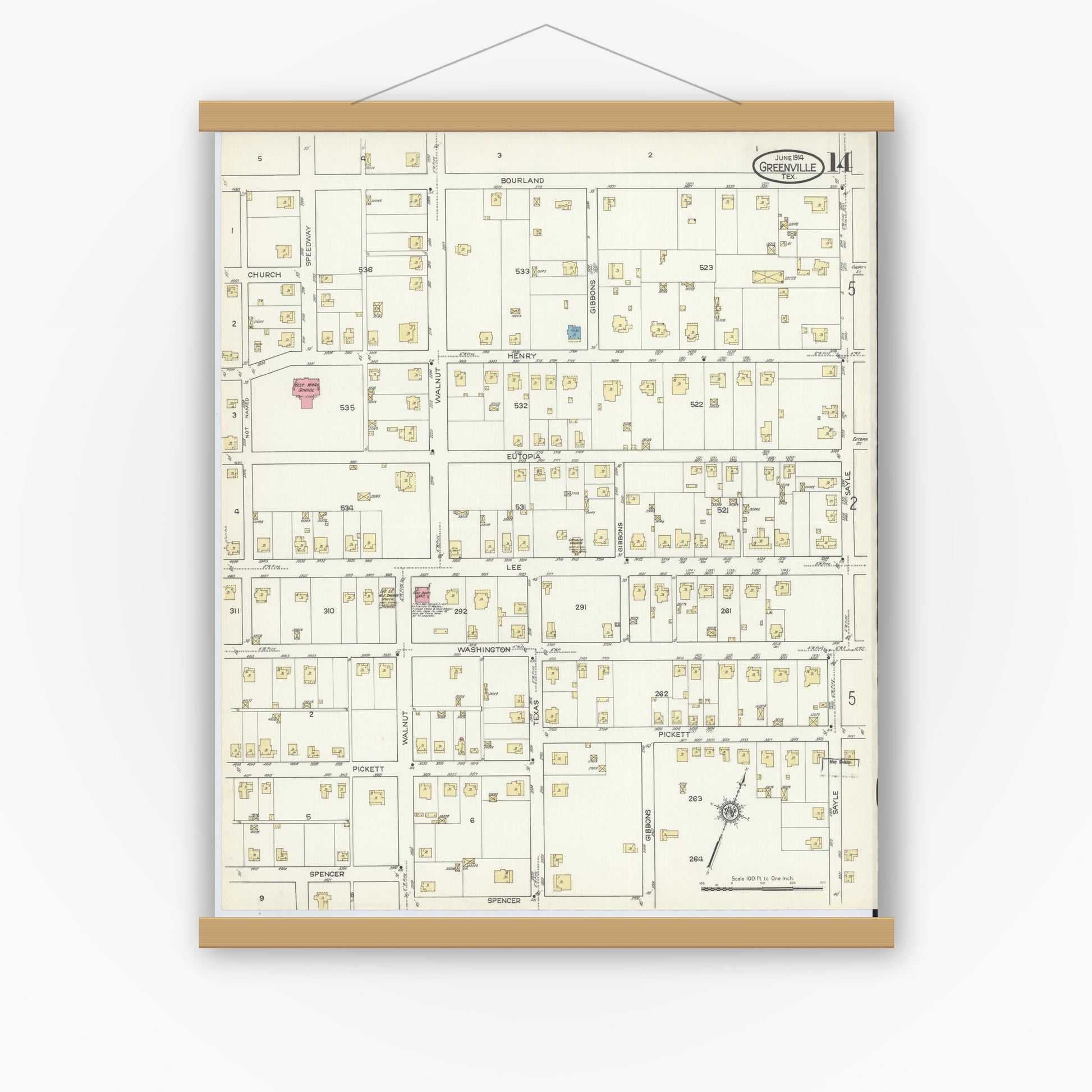 Old map wall art mockup — magnetic wood frame on white wall — Sanborn Fire Insurance Map from Greenville, Hunt County, Texas (1914), Sheet #0014