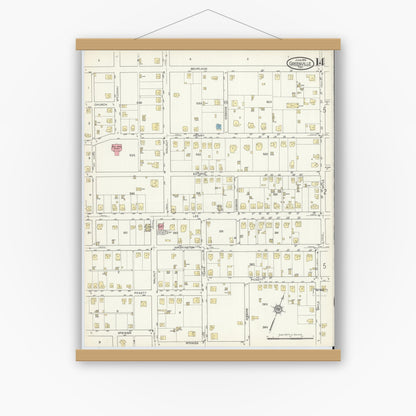 Old map wall art mockup — magnetic wood frame on white wall — Sanborn Fire Insurance Map from Greenville, Hunt County, Texas (1914), Sheet #0014
