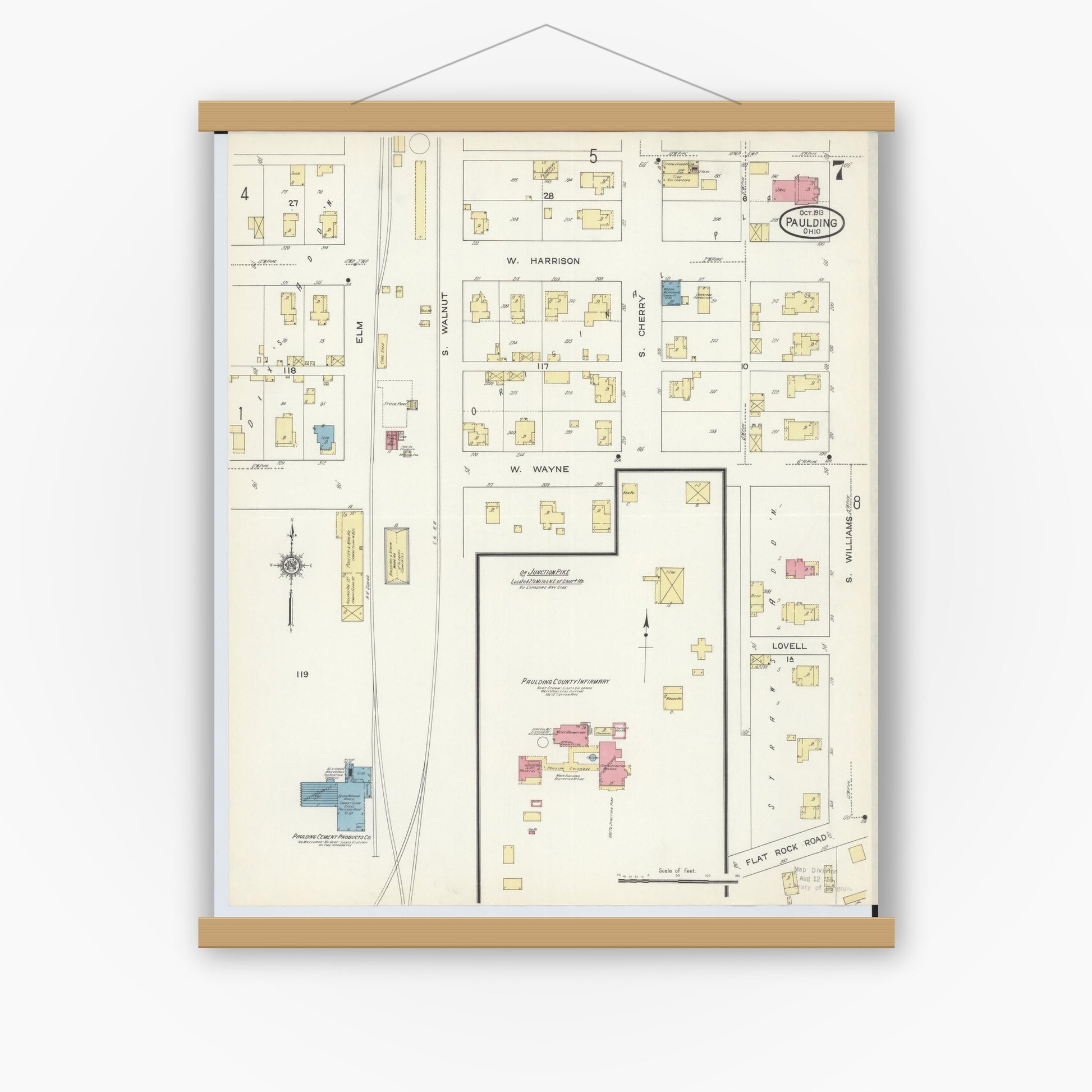 Old map wall art mockup — magnetic wood frame on white wall — Sanborn Fire Insurance Map from Paulding, Paulding County, Ohio (1913), Sheet #0007
