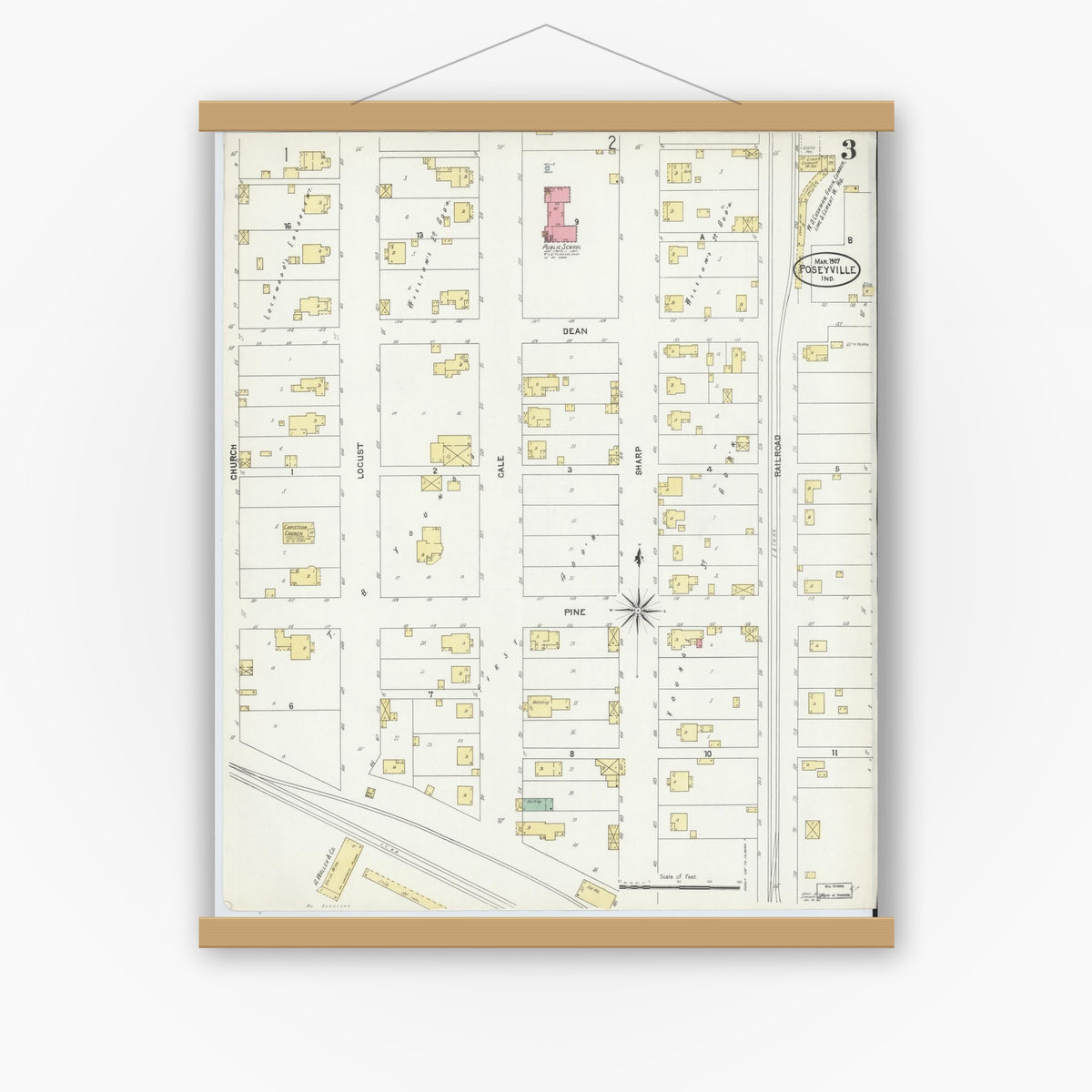 Old map wall art mockup — magnetic wood frame on white wall — Sanborn Fire Insurance Map from Poseyville, Posey County, Indiana (1907), Sheet #0003