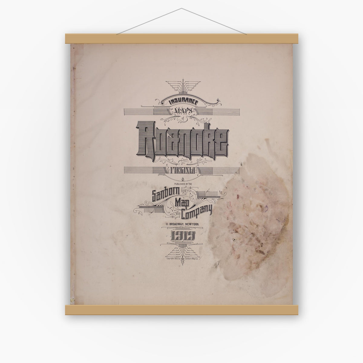 Old map wall art mockup — magnetic wood frame on white wall — Sanborn Fire Insurance Map from Roanoke, Independent Cities, Virginia (1919), Sheet #0001