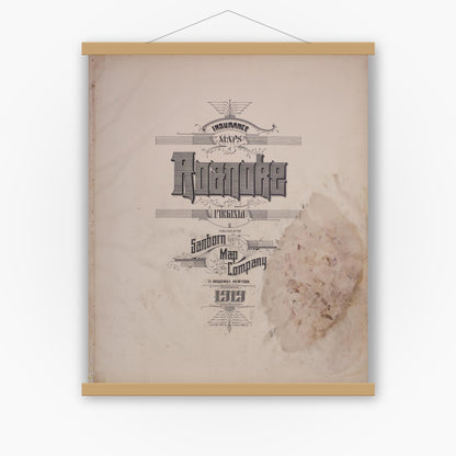 Old map wall art mockup — magnetic wood frame on white wall — Sanborn Fire Insurance Map from Roanoke, Independent Cities, Virginia (1919), Sheet #0001