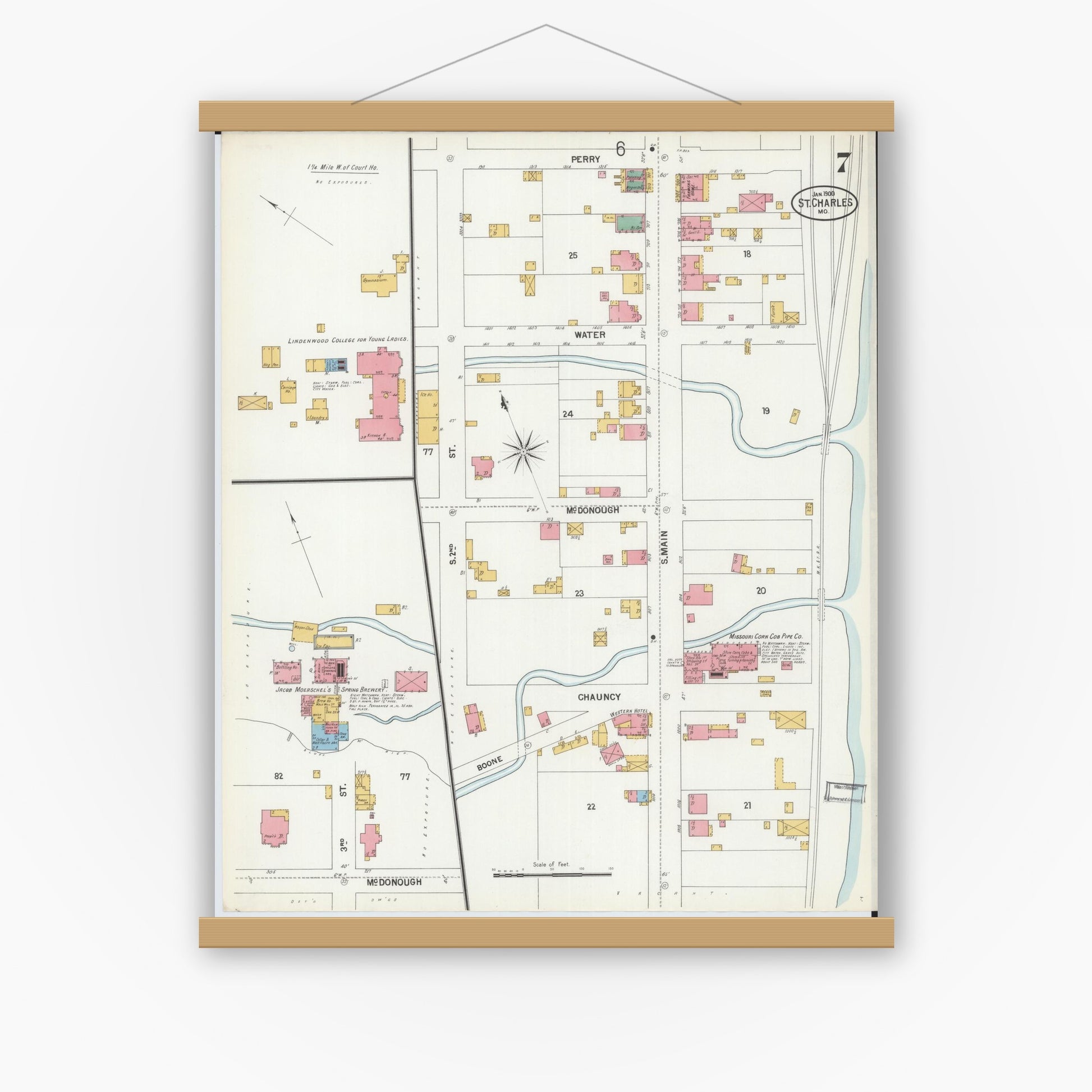 Old map wall art mockup — magnetic wood frame on white wall — Sanborn Fire Insurance Map from Saint Charles, Saint Charles County, Missouri (1900), Sheet #0007
