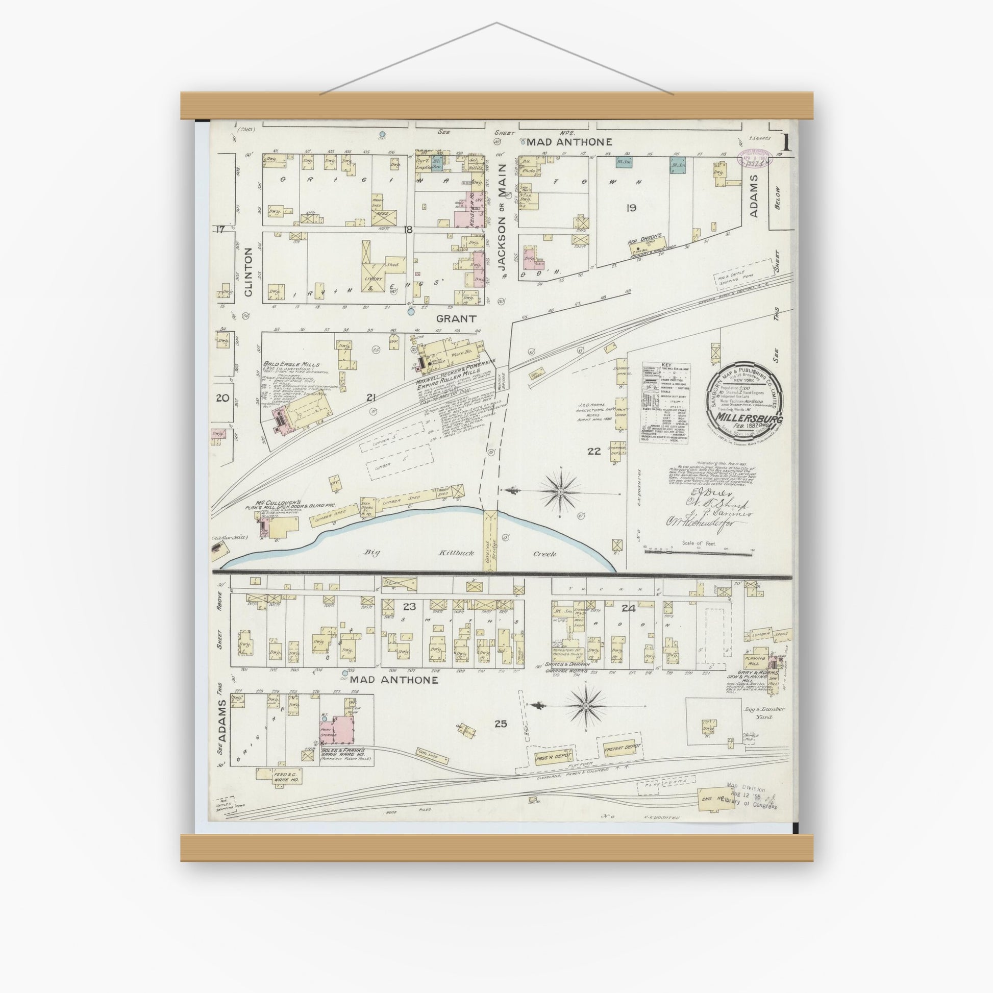 Old map wall art mockup — magnetic wood frame on white wall — Sanborn Fire Insurance Map from Millersburg, Holmes County, Ohio (1887) - Complete Map Set