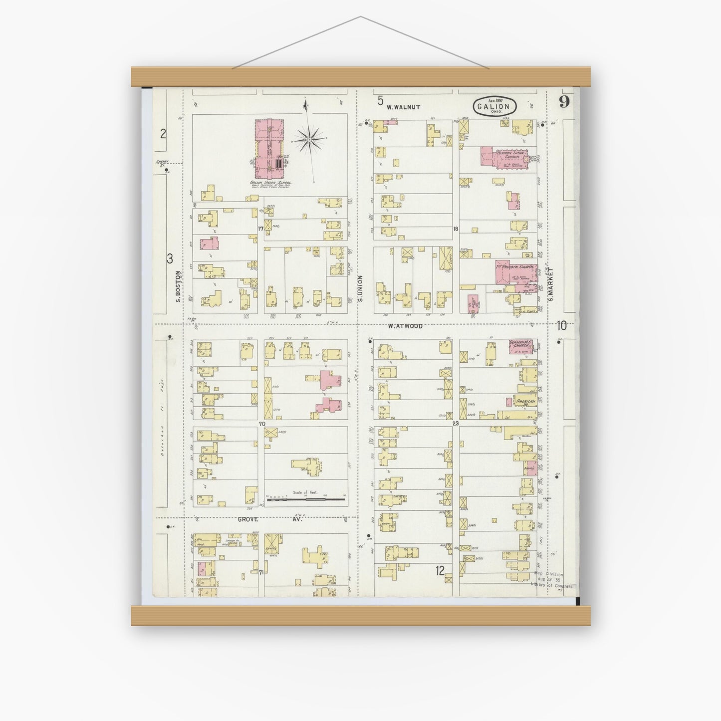 Old map wall art mockup — magnetic wood frame on white wall — Sanborn Fire Insurance Map from Galion, Crawford County, Ohio (1897), Sheet #0009