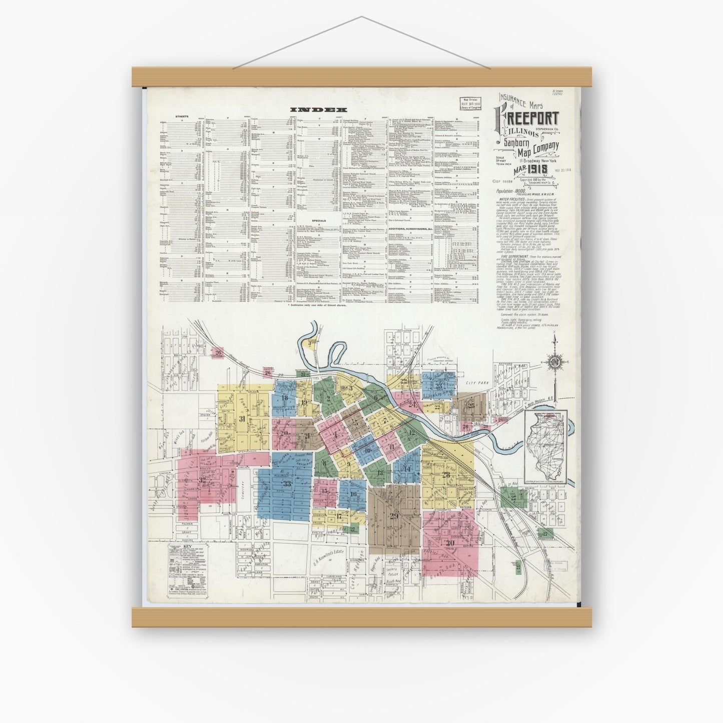 Old map wall art mockup — magnetic wood frame on white wall — Sanborn Fire Insurance Map from Freeport, Stephenson County, Illinois (1918), Sheet #0001
