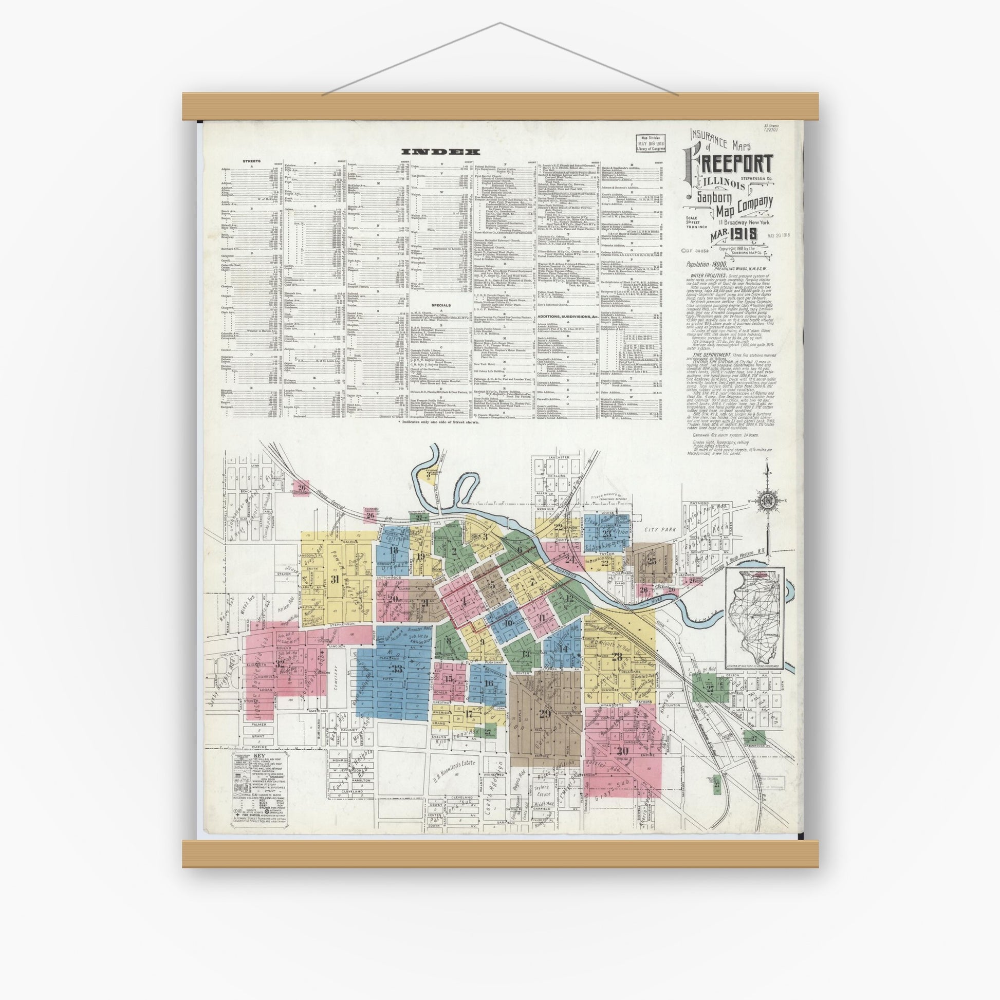 Old map wall art mockup — magnetic wood frame on white wall — Sanborn Fire Insurance Map from Freeport, Stephenson County, Illinois (1918), Sheet #0001