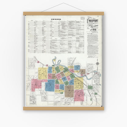 Old map wall art mockup — magnetic wood frame on white wall — Sanborn Fire Insurance Map from Freeport, Stephenson County, Illinois (1918), Sheet #0001