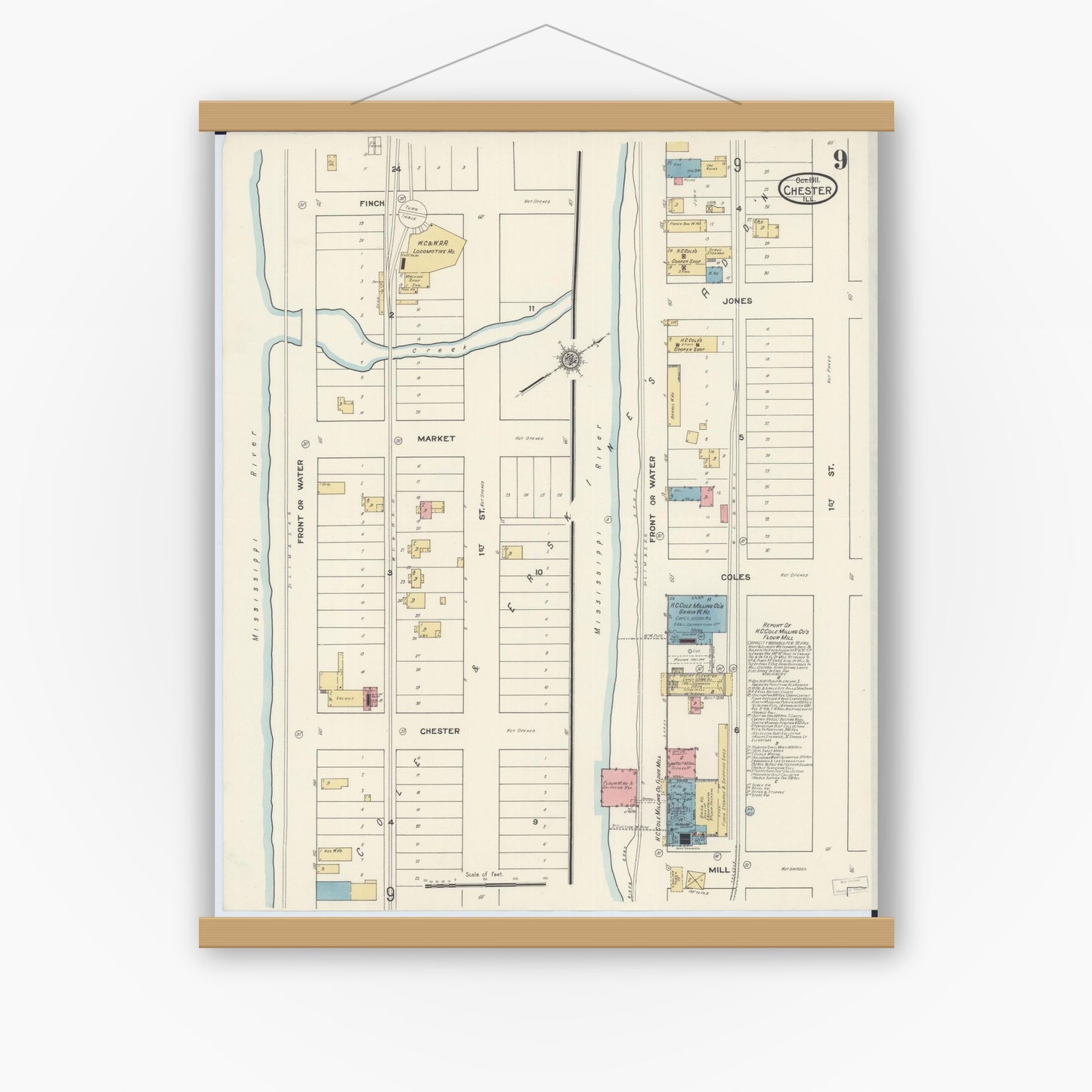 Old map wall art mockup — magnetic wood frame on white wall — Sanborn Fire Insurance Map from Chester, Randolph County, Illinois (1911), Sheet #0009