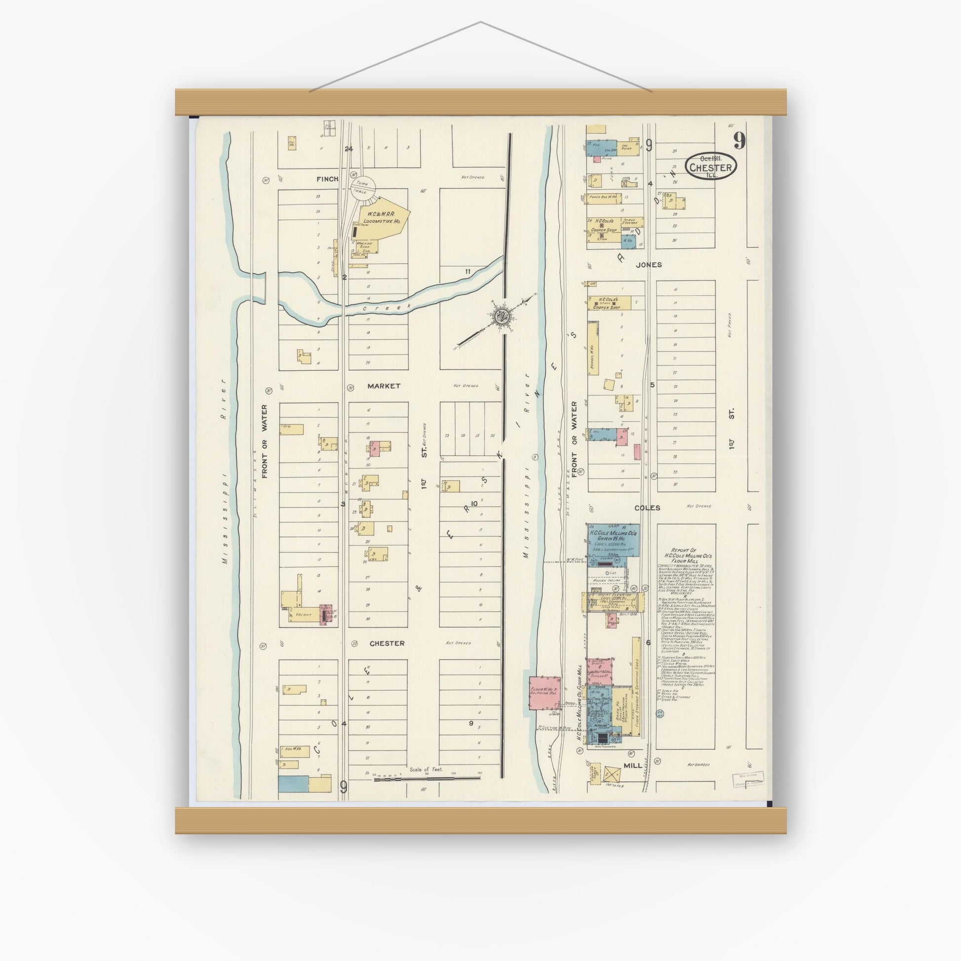 Old map wall art mockup — magnetic wood frame on white wall — Sanborn Fire Insurance Map from Chester, Randolph County, Illinois (1911), Sheet #0009