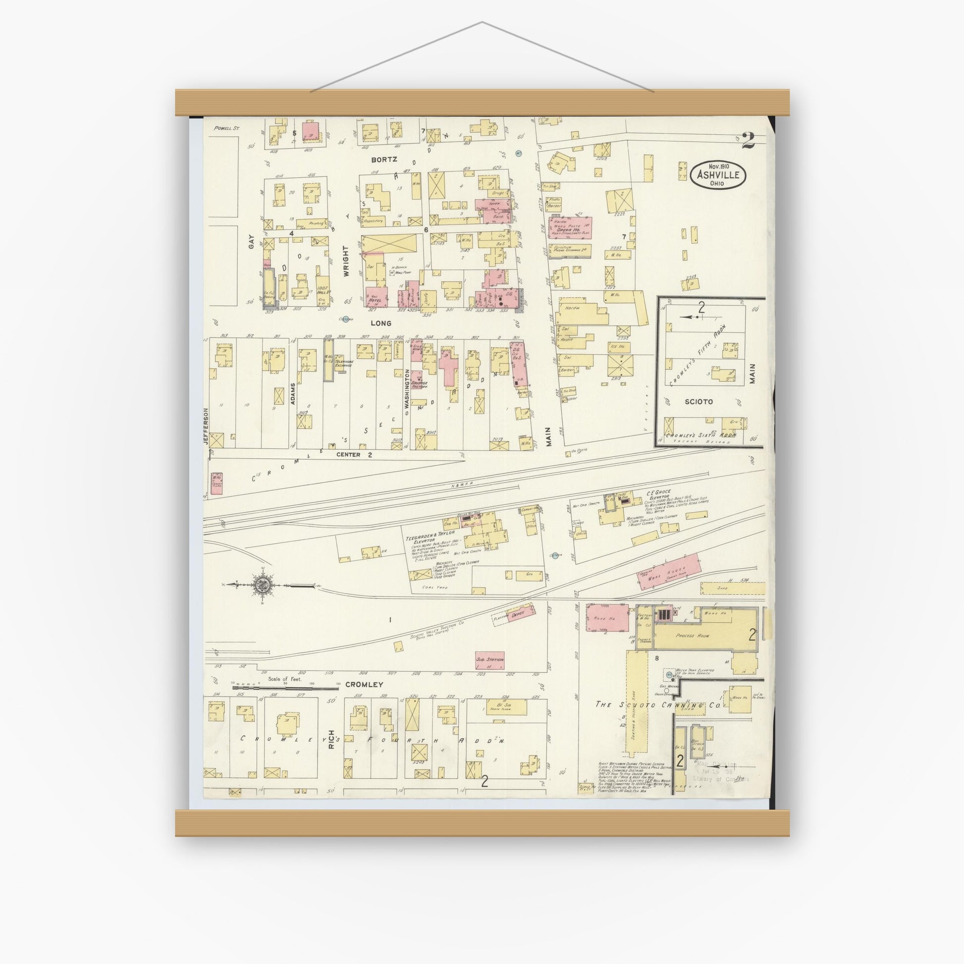 Old map wall art mockup — magnetic wood frame on white wall — Sanborn Fire Insurance Map from Ashville, Pickaway County, Ohio (1910), Sheet #0002