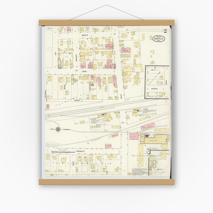 Old map wall art mockup — magnetic wood frame on white wall — Sanborn Fire Insurance Map from Ashville, Pickaway County, Ohio (1910), Sheet #0002