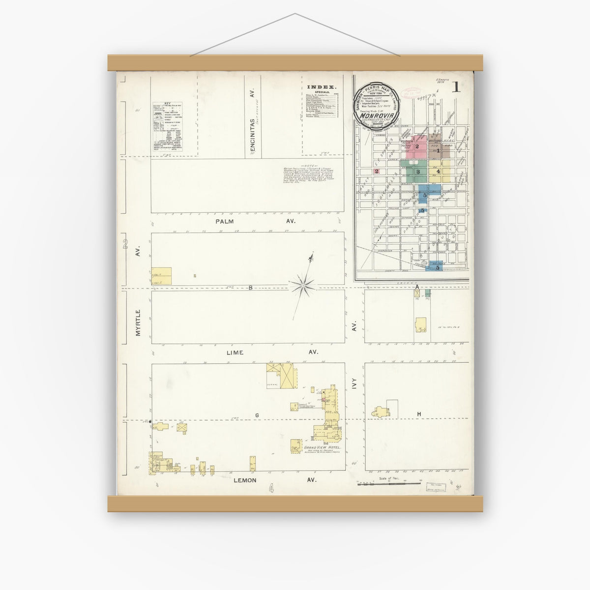 Old map wall art mockup — magnetic wood frame on white wall — Sanborn Fire Insurance Map from Monrovia, Los Angeles County, California (1892), Sheet #0001