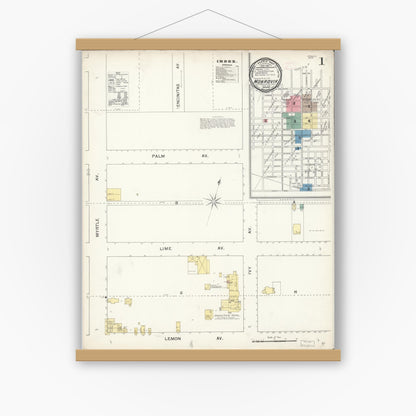 Old map wall art mockup — magnetic wood frame on white wall — Sanborn Fire Insurance Map from Monrovia, Los Angeles County, California (1892), Sheet #0001