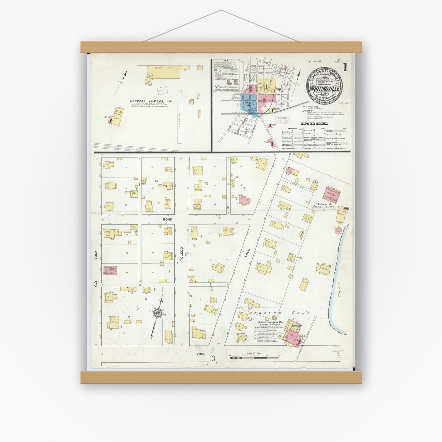 Old map wall art mockup — magnetic wood frame on white wall — Sanborn Fire Insurance Map from Martinsville, Clark County, Illinois (1912) - Complete Map Set