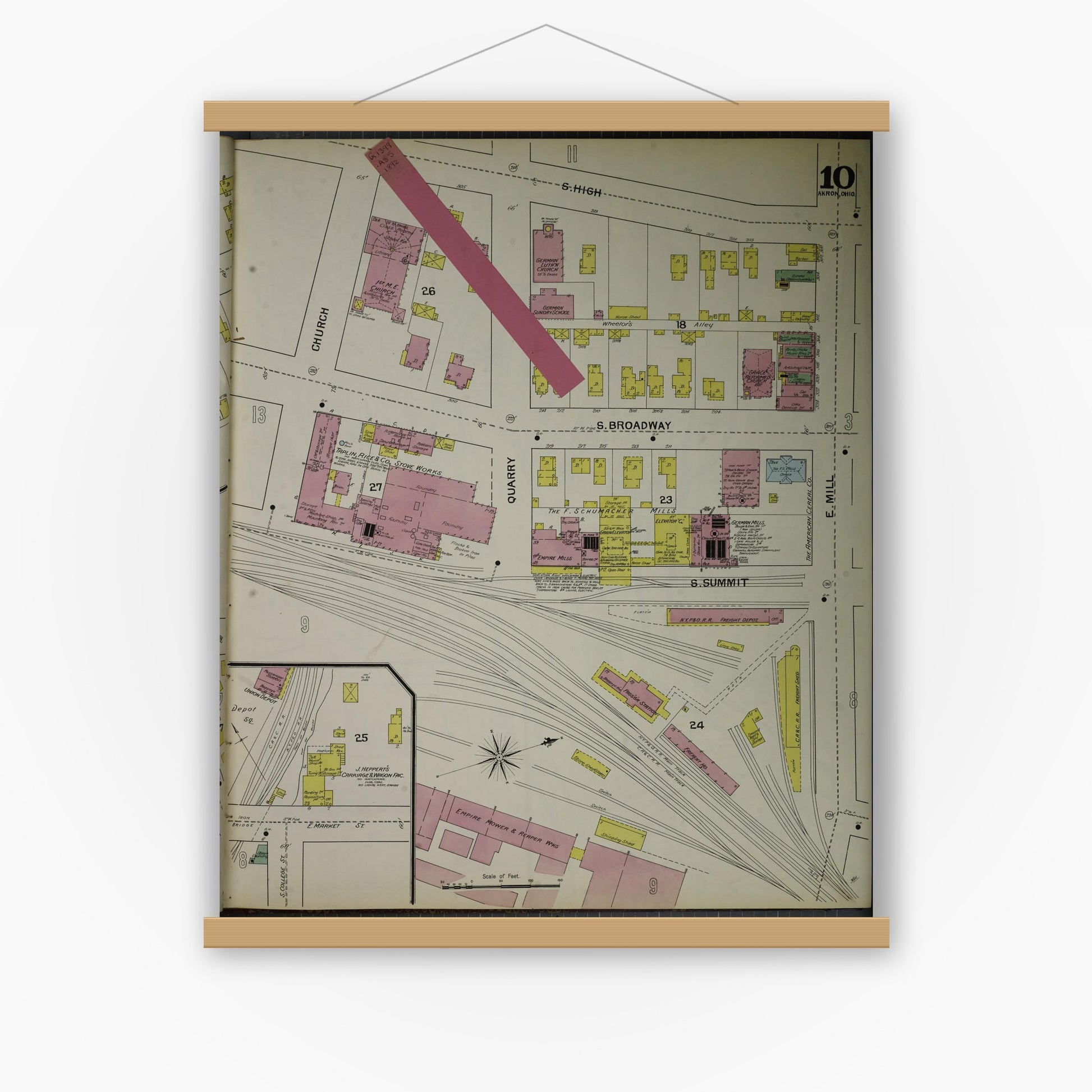 Old map wall art mockup — magnetic wood frame on white wall — Sanborn Fire Insurance Map from Akron, Summit County, Ohio (1892), Sheet #0010